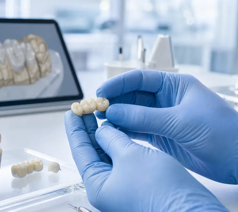 Dental laboratory technician inspecting a ceramic crown bridge with a dental model and digital CAD design