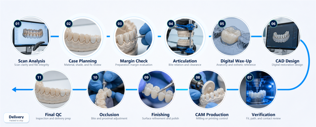 Digital dental laboratory production workflow showing quality control steps from digital scan analysis to final restoration inspection