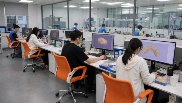 Dental technician working in a modern dental laboratory with digital restoration design and dental models