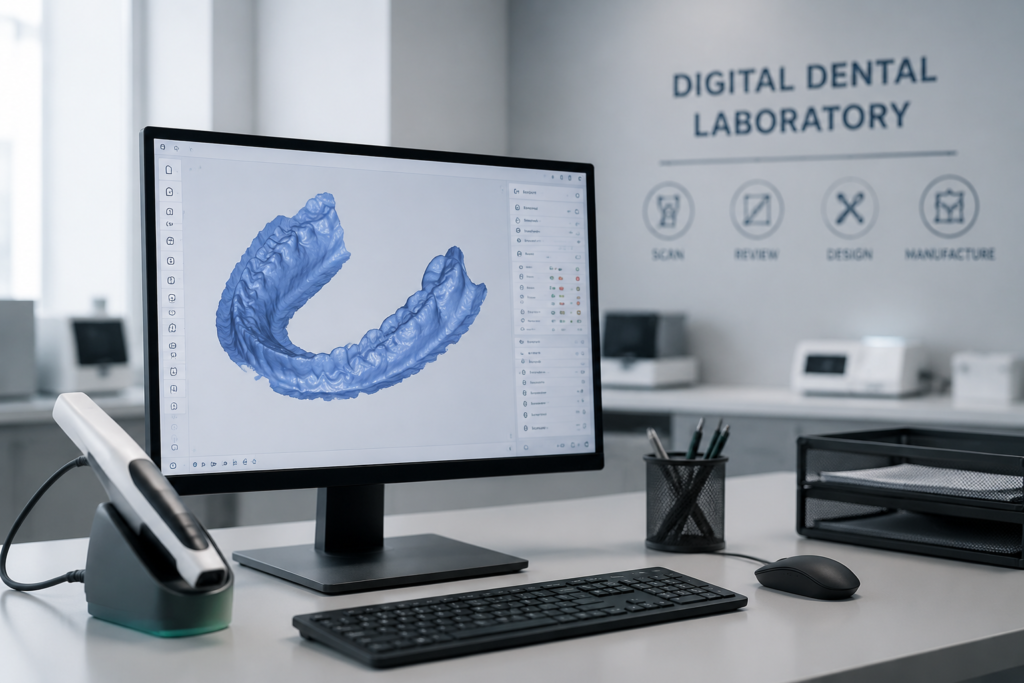 Digital dental workflow with intraoral scan review before CAD design