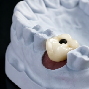 Screw Retained Crown zirconia implant dental crown placed on dental plaster model