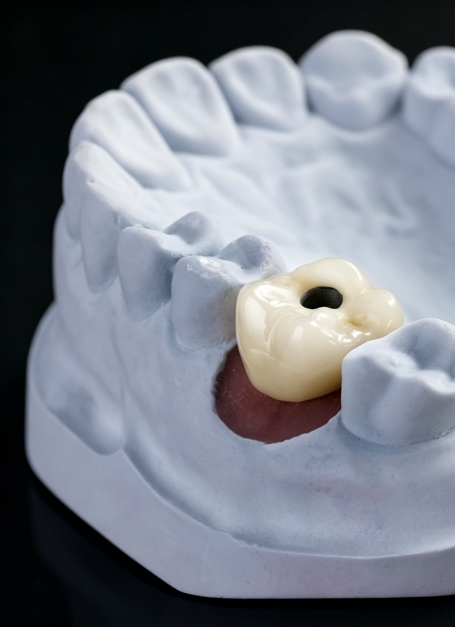 Screw Retained Crown zirconia implant dental crown placed on dental plaster model