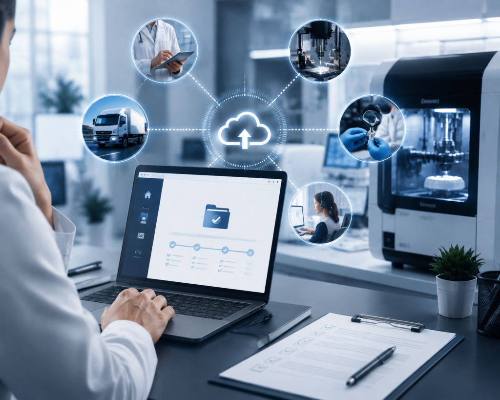 Modern digital dental laboratory workflow showing cloud-based case communication, quality control, precision manufacturing, and collaboration between dental professionals and lab technicians