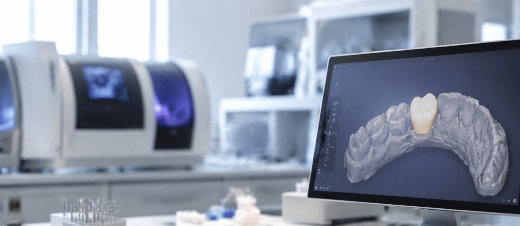 Digital dental lab technician reviewing STL scan data for implant crown