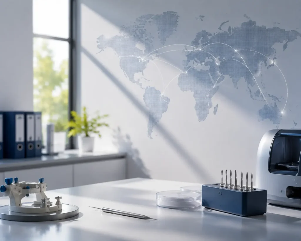 Modern dental laboratory workspace showing digital dental manufacturing technology for overseas dental lab outsourcing services